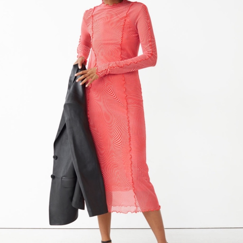 & Other Stories Mesh Pink Red Midi Dress